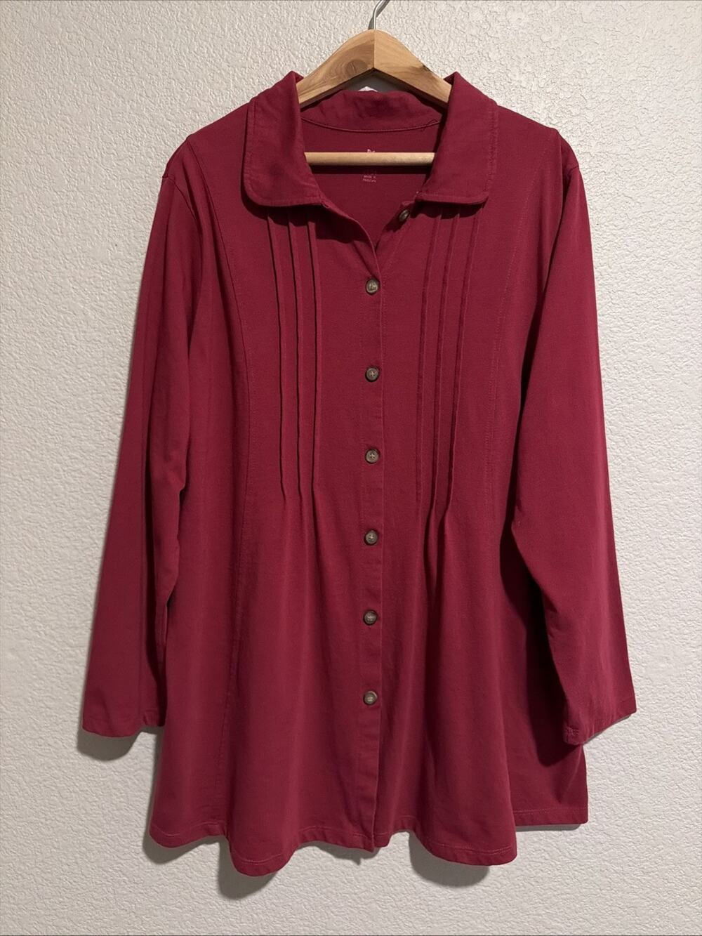 Woman Within Tunic Blouse Top 1X Button Down Career Casual Flowy 3/4 Sleeve Wine